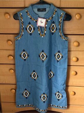 Liza Byrd Chambray Embroidered Top in Light Blue with Mustard & Navy